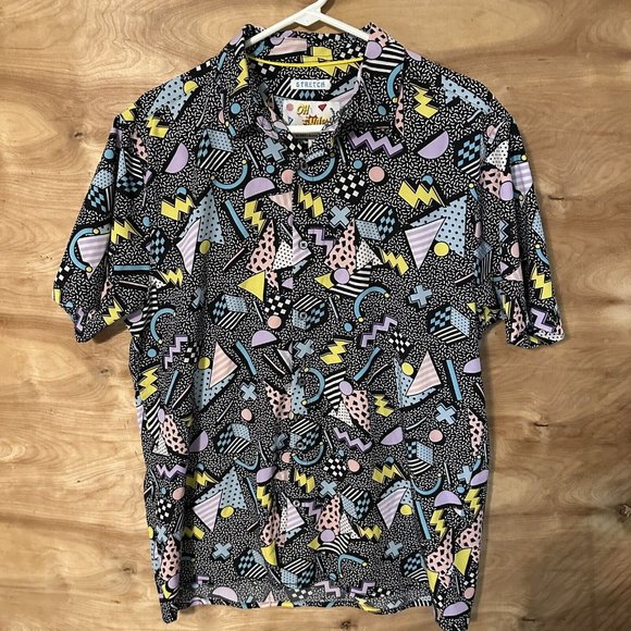 Oh Snap! Retro 90s Theme Geometric Stretch Shirt Drill Clothing Mens Size Large - Picture 1 of 6